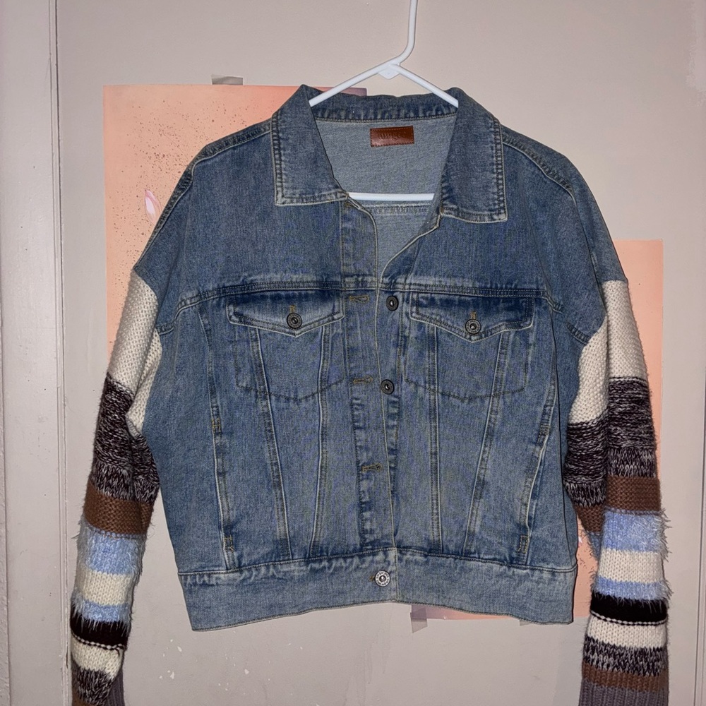 Umgee Blue Denim Jacket with Knit Sleeves